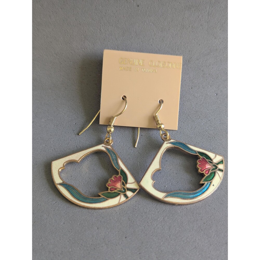 Vintage Taiwan Genuine Cloisonné Floral Openwork Dangle Earrings NOS